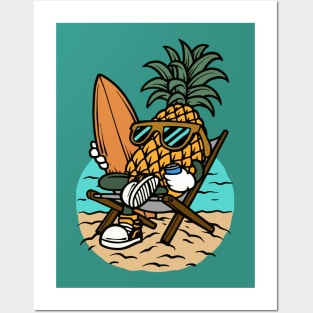 Surfing Pineapple Lounging on the Beach Posters and Art